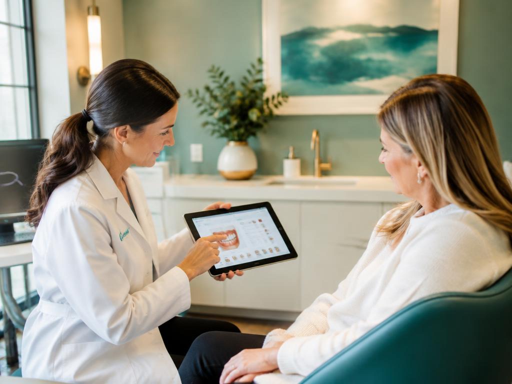 Dentista explicando plano de tratamento à paciente em um tablet